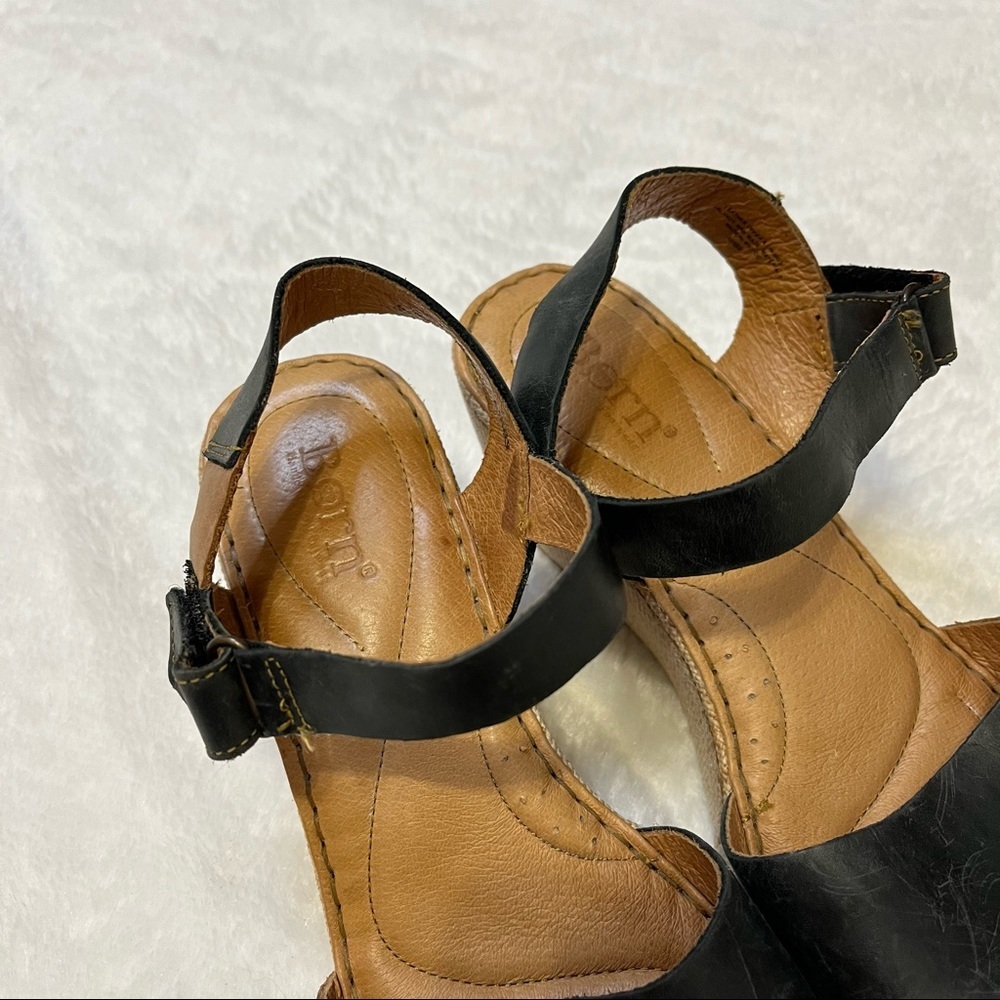 Born Nectar Brown Black Leather Two Tone Open Toe Wedge Sandal Women Size 9 - Picture 5 of 13